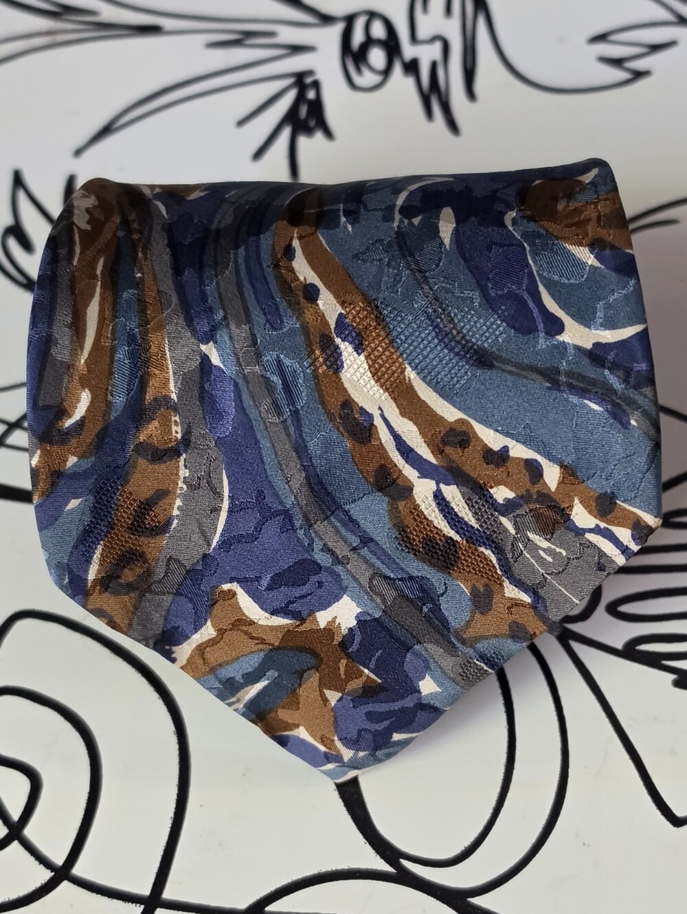 Mens Blue Brown Paisley Abstract Geometric Vintage 58"